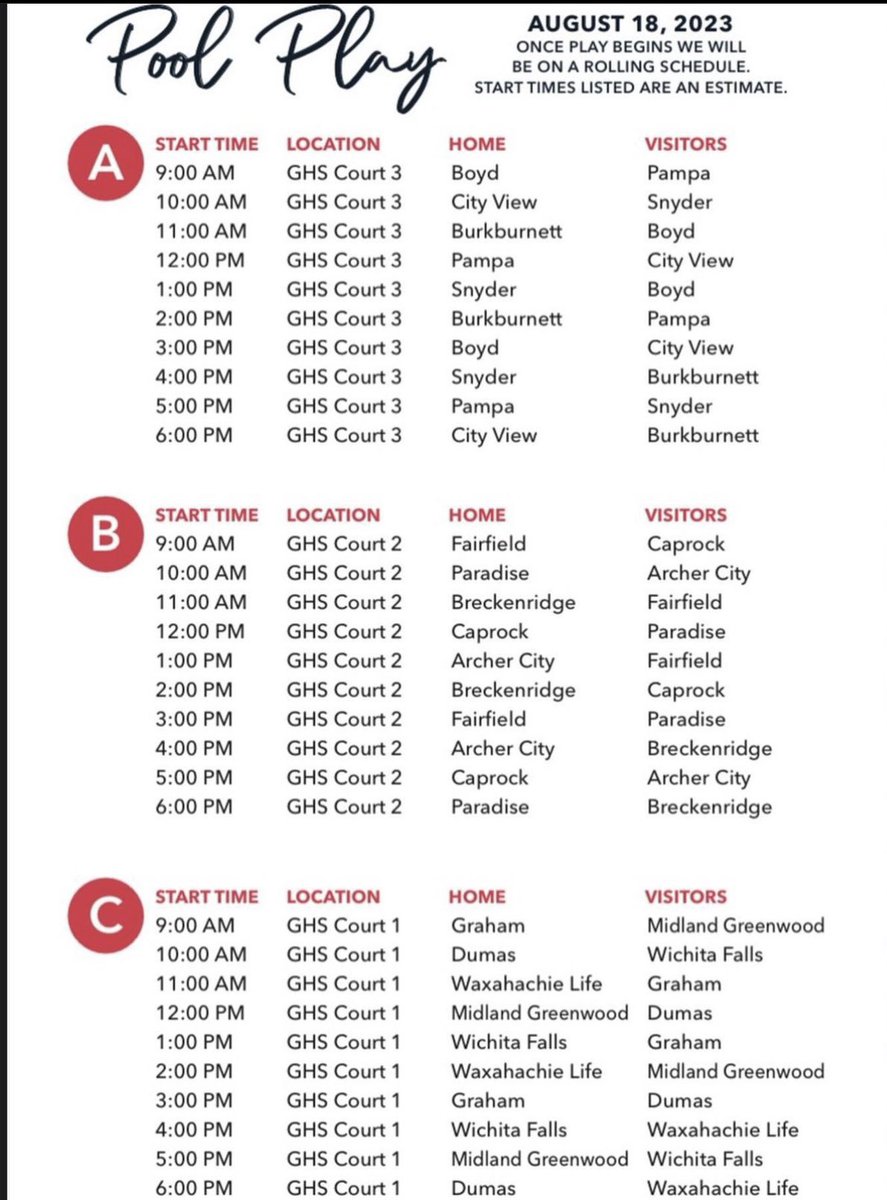 Pool play begins Friday at 9am.