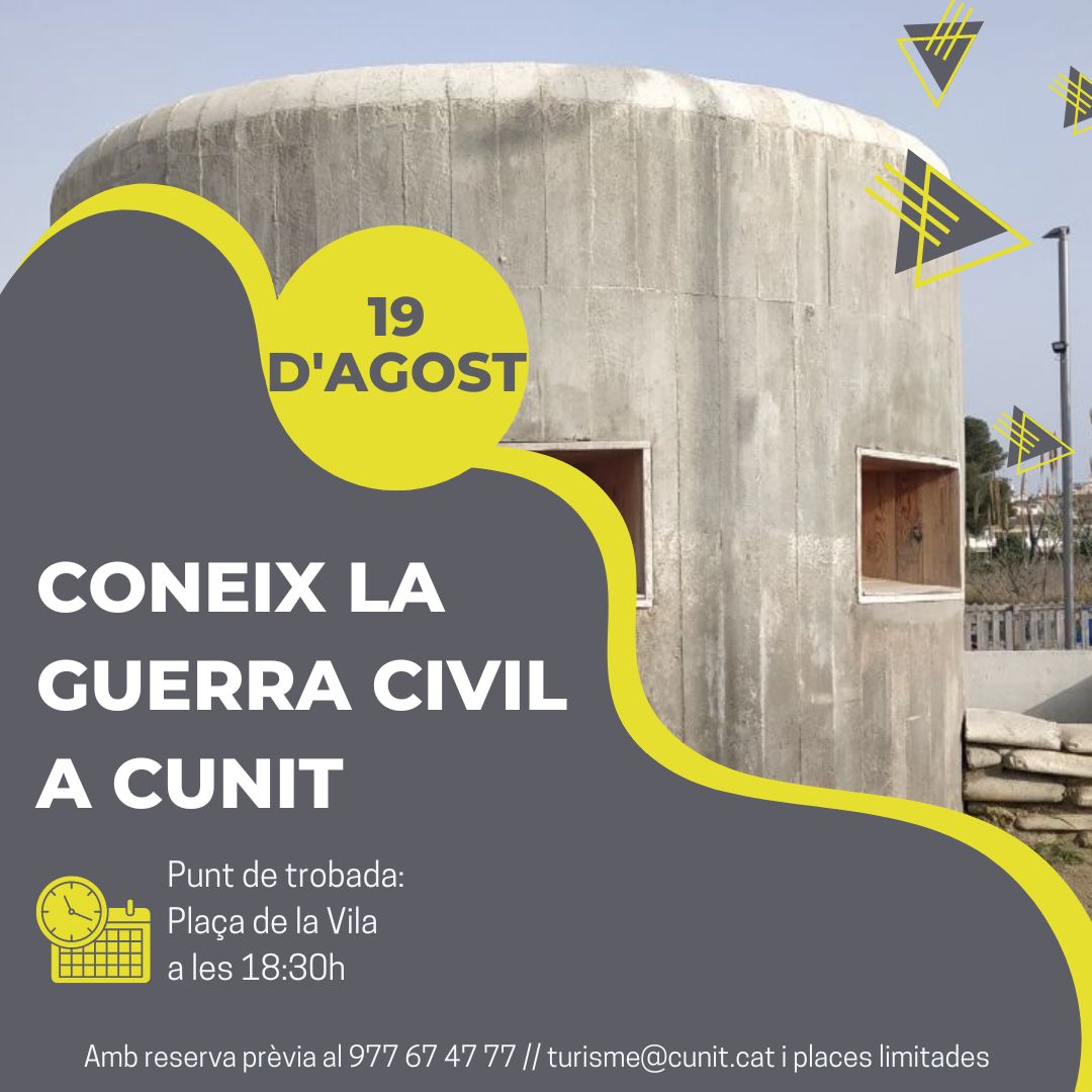 📆 Dissabte, 19 d'agost, a les 18:30h coneix la guerra civil a Cunit. El punt de trobada és a la Plaça de la vila.

Reserva la teva plaça trucant o enviant un correu a l'Oficina de Turisme📱! #AjuntamentDeCunit #ElTeuAjuntament #Cunit

#AjuntamentDeCunit #ElTeuAjuntament #Cunit