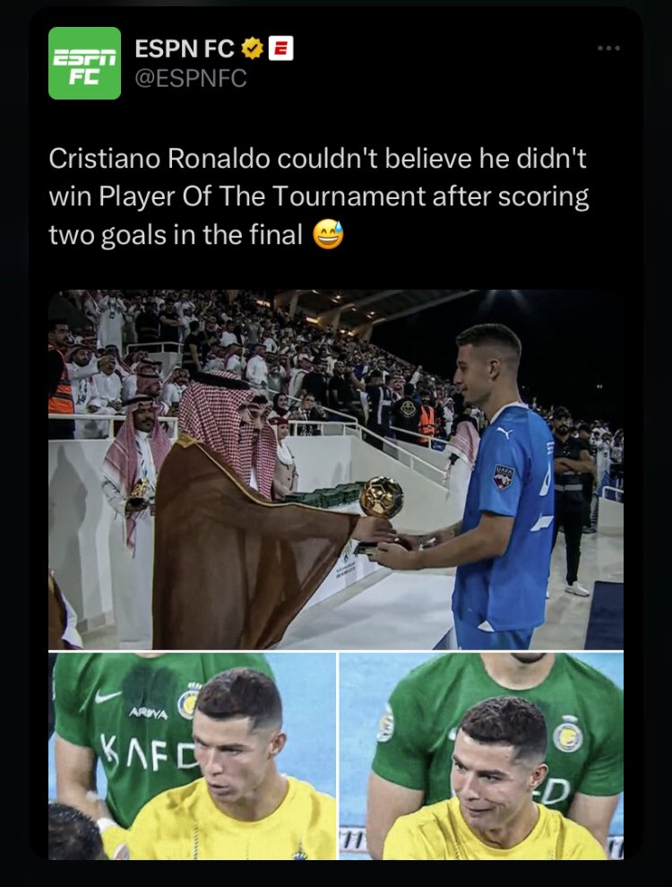 TimelineCR7's tweet photo. 🚨

Lionel Messi’s PR team ESPN have been exposed and have received a community note by Twitter for spreading fake information against Cristiano Ronaldo. 

People didn’t believe when we kept saying they’re running a ridiculous agenda against Cristiano Ronaldo. https://t.co/8rnse336Rp