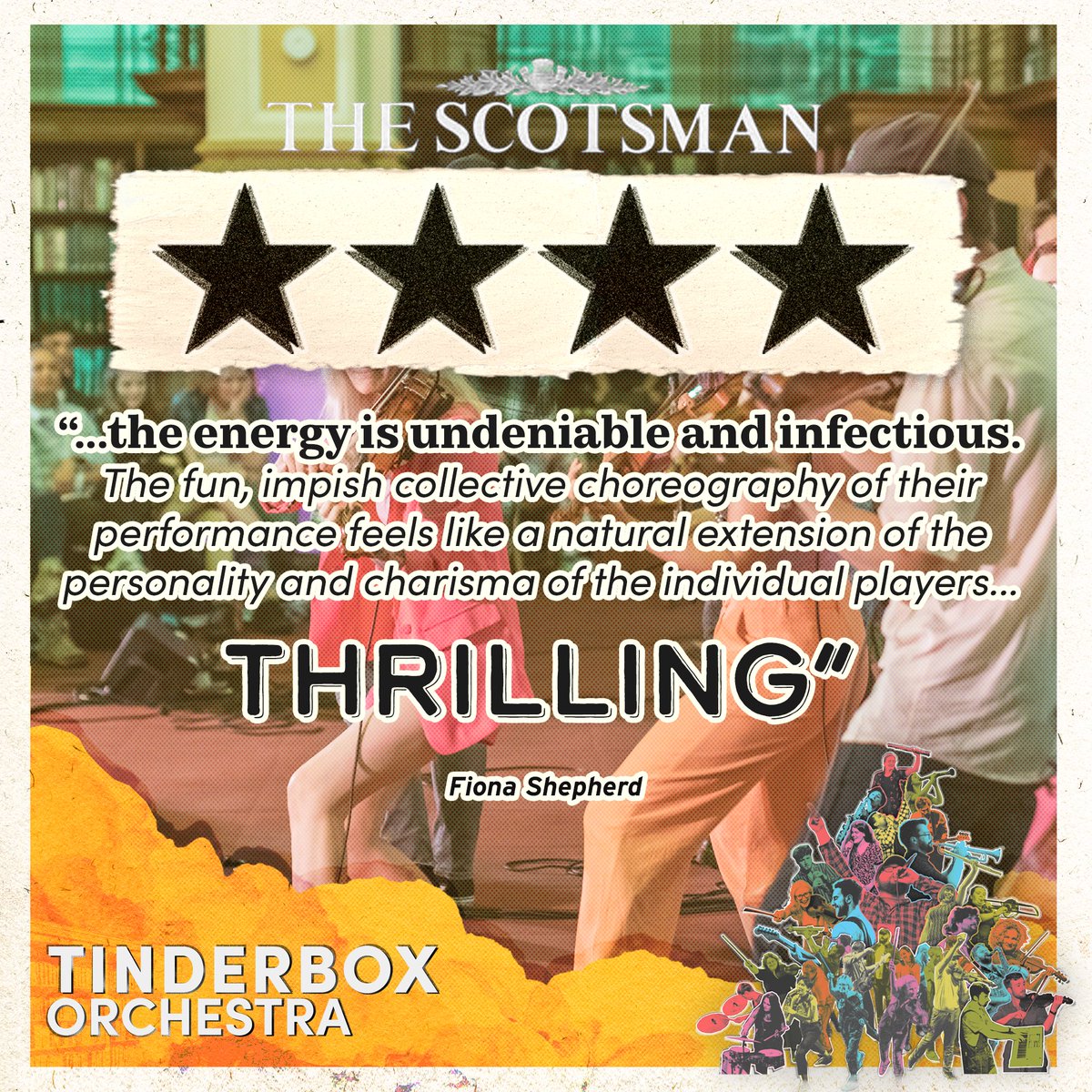 _Tinderbox's tweet photo. We are absolutely over the moon with the reviews for our Tinderbox Orchestra fringe show! Thank you so much to @Bingefringe @ThreeWeekReview and to Fiona Shepherd @TheScotsman  !

https://t.co/4mX6DiukrS https://t.co/uZ8MUmOeGO