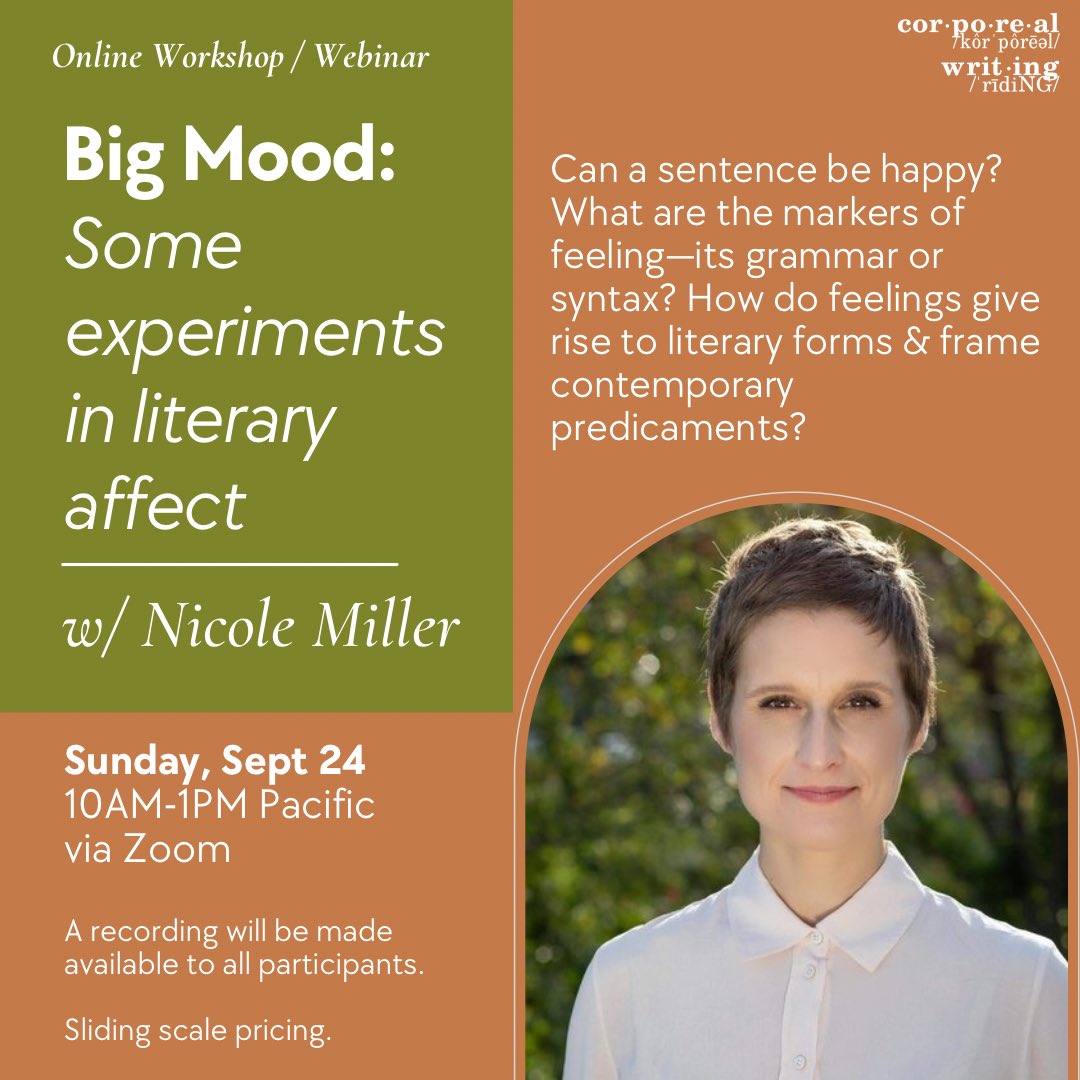 I love @corporealwrite's approach to writing together, and I'm looking forward to leading this webinar on affect and literary form. Join us on Sept. 24! More info here: corporealwriting.com/current-offeri…