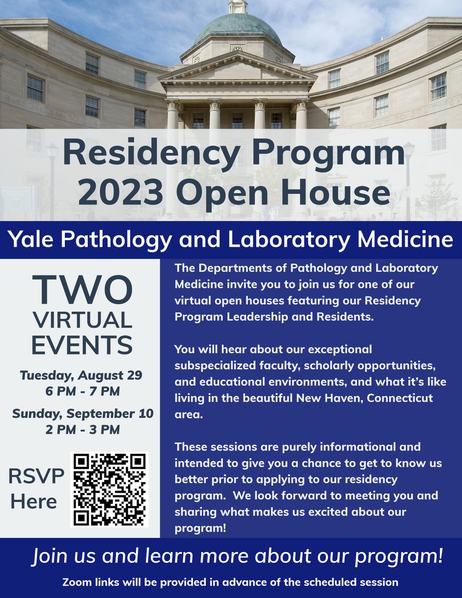 @Yale_labmed &amp; @Yalepathology invite you to join one of our virtual open houses featuring our Residency Program Leadership and residents. #PathologyOpenHouse Tuesday, August 29th 6 PM - 7 PM or Sunday, September 10th 2 PM - 3 PM Registration QRC attached. PLEASE RETWEET