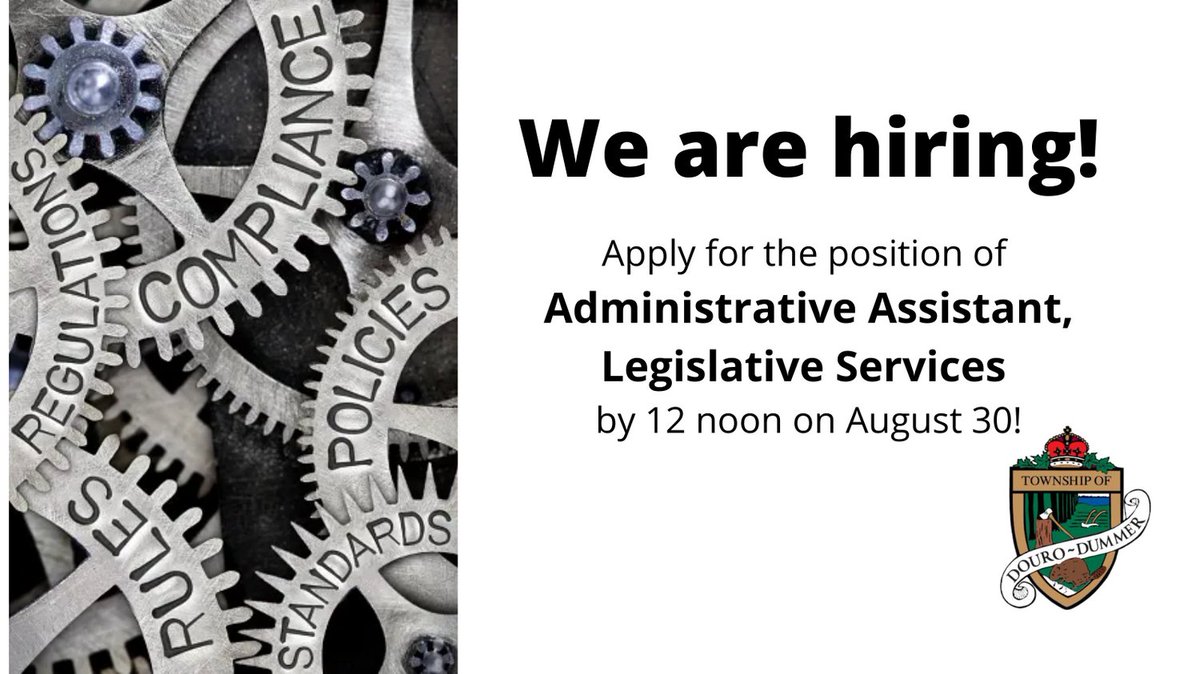 Douro_Dummer's tweet photo. #DouroDummer is looking for the right person to fill the position of Administrative Assistant, Legislative Services in the Clerk's Department! For more info on this full-time permanent position visit https://t.co/8rAXMQpFI7 https://t.co/UsacFagYbK