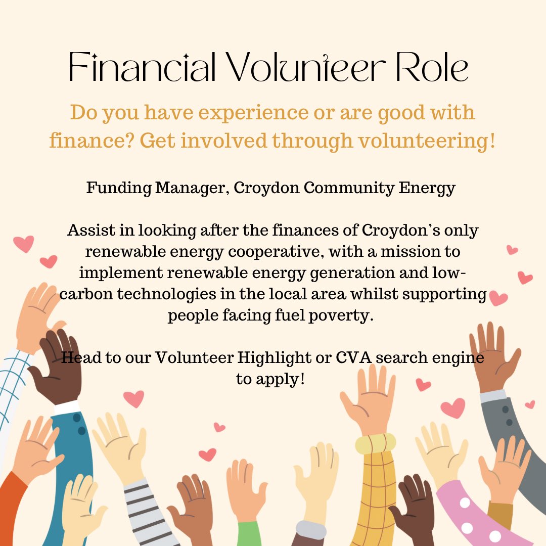 Do you have any financial work experience, had you ever considered utilising those skills in a volunteering role? Croydon Community Energy are looking for a Funding Manager! More details and apply: vcconnectsystem.org.uk/CroydonVMS2/Vo… #croydon #volunteer #nationalfinancialawarenessday