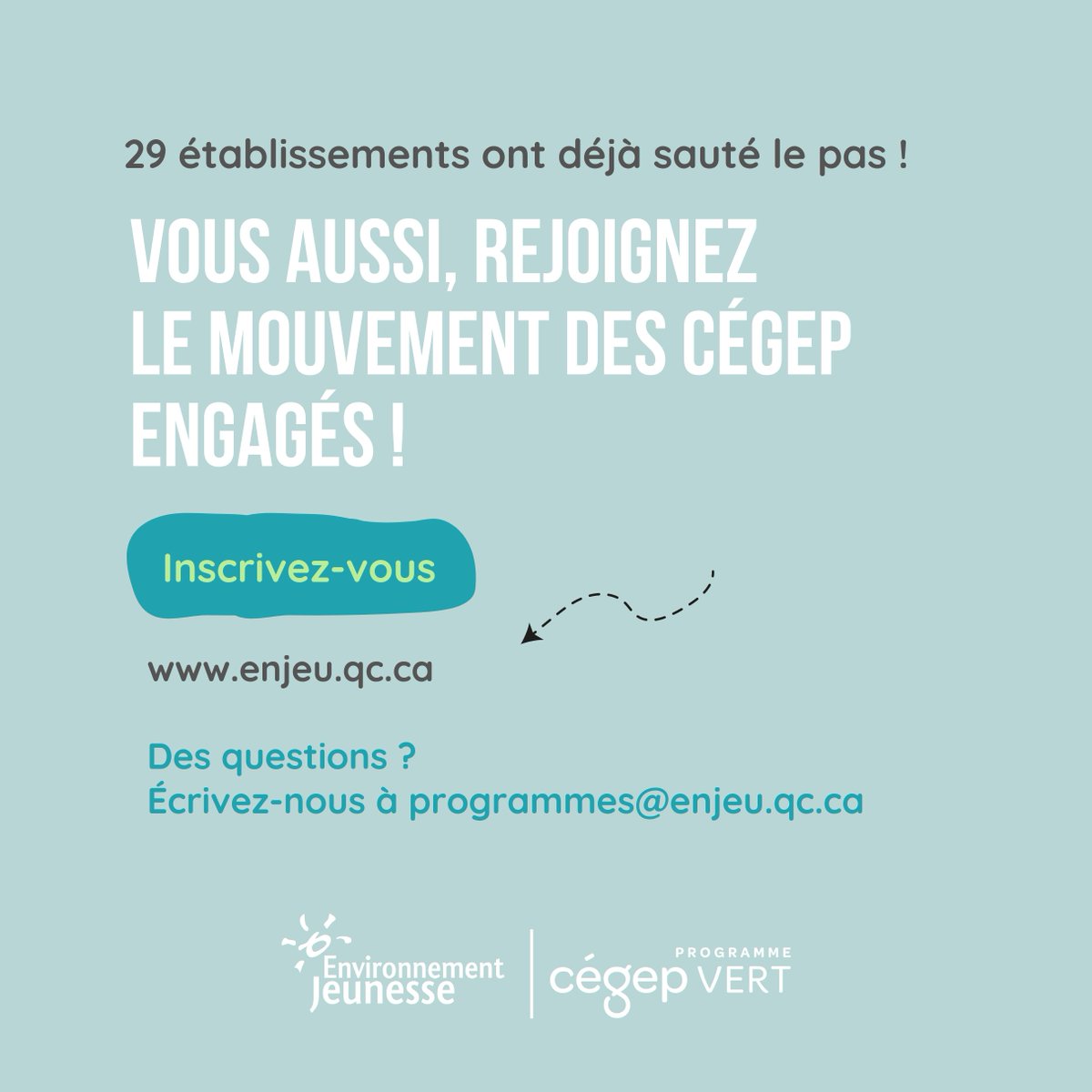 ENvironnement JEUnesse (ENJEU) (@enjeuquebec) on Twitter photo Vous travaillez dans un #cégep? Vous souhaitez engager votre #cégep dans la transition #écologique & #sociale ?🌱 <a href="/ENJEUquebec/">ENvironnement JEUnesse (ENJEU)</a> vous accompagne dans la mise en place de projet en #environnement avec le programme #CégepVertduQuébec 👉 bit.ly/programme-CVQ #ÉRE Vous travaillez dans un #cégep? Vous souhaitez engager votre #cégep dans la transition #écologique & #sociale ?🌱 <a href="/ENJEUquebec/">ENvironnement JEUnesse (ENJEU)</a> vous accompagne dans la mise en place de projet en #environnement avec le programme #CégepVertduQuébec 👉 bit.ly/programme-CVQ #ÉRE