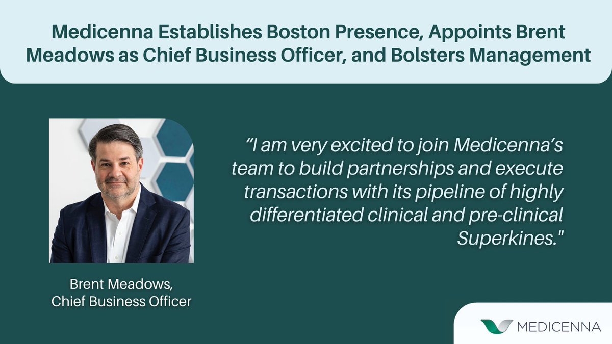 Medicenna1's tweet photo. $MDNA today announced the appointment of Brent Meadows as Chief Business Officer #CBO establishing its C-suite presence in Boston. 

#biotech #pharma #leadership

For this and more updates, follow the link -> https://t.co/VyVegZuDud https://t.co/cEMV5PpkYz