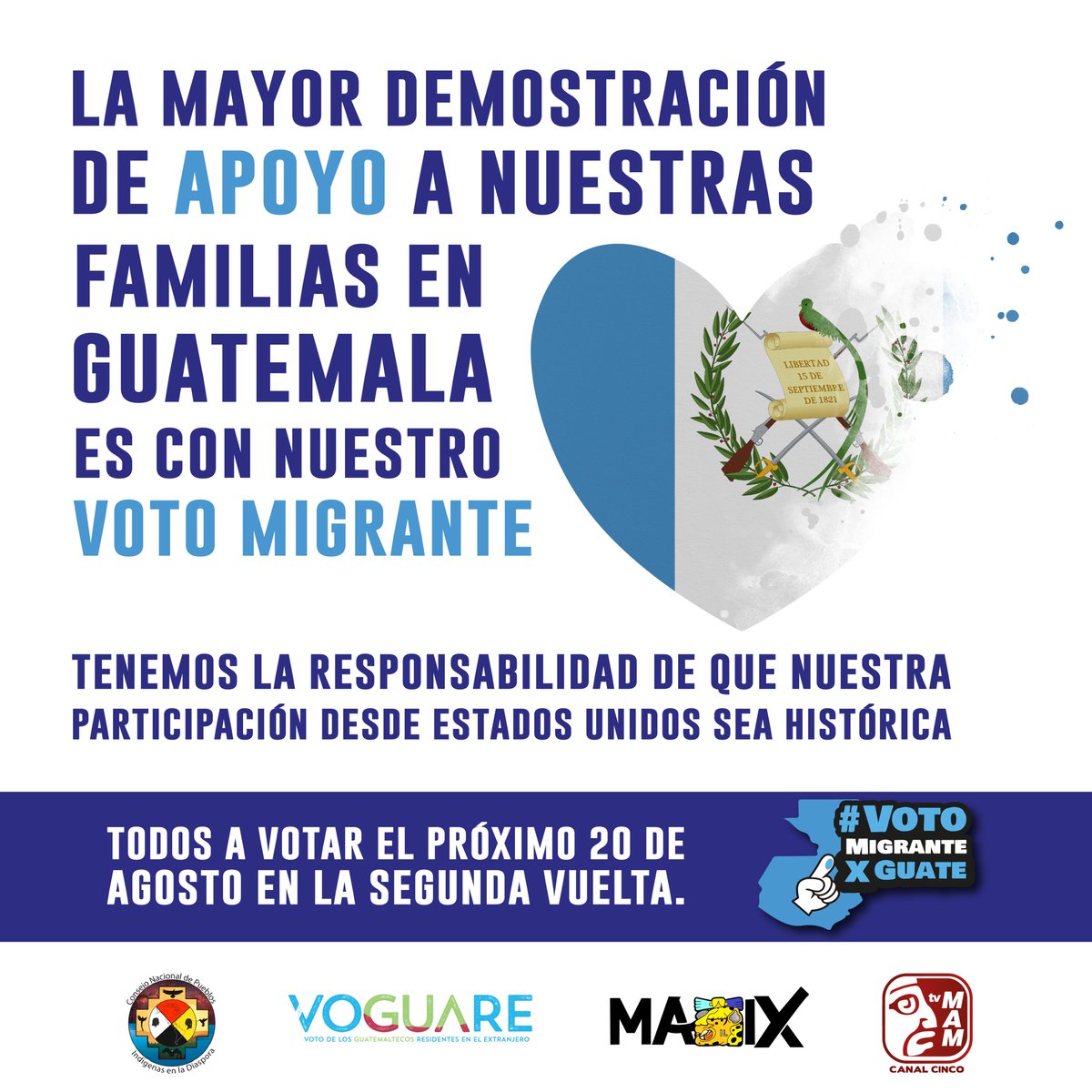 ¡El próximo domingo 20 de agosto es la segunda vuelta! ⏳🗳️

🤝 Votar desde el extranjero por el bienestar de nuestros seres queridos, es nuestro compromiso 🇬🇹❤️ Si no puedes votar porque no te empadronaste a tiempo, puedes motivar a tus conocidos empadronados a ejercer su