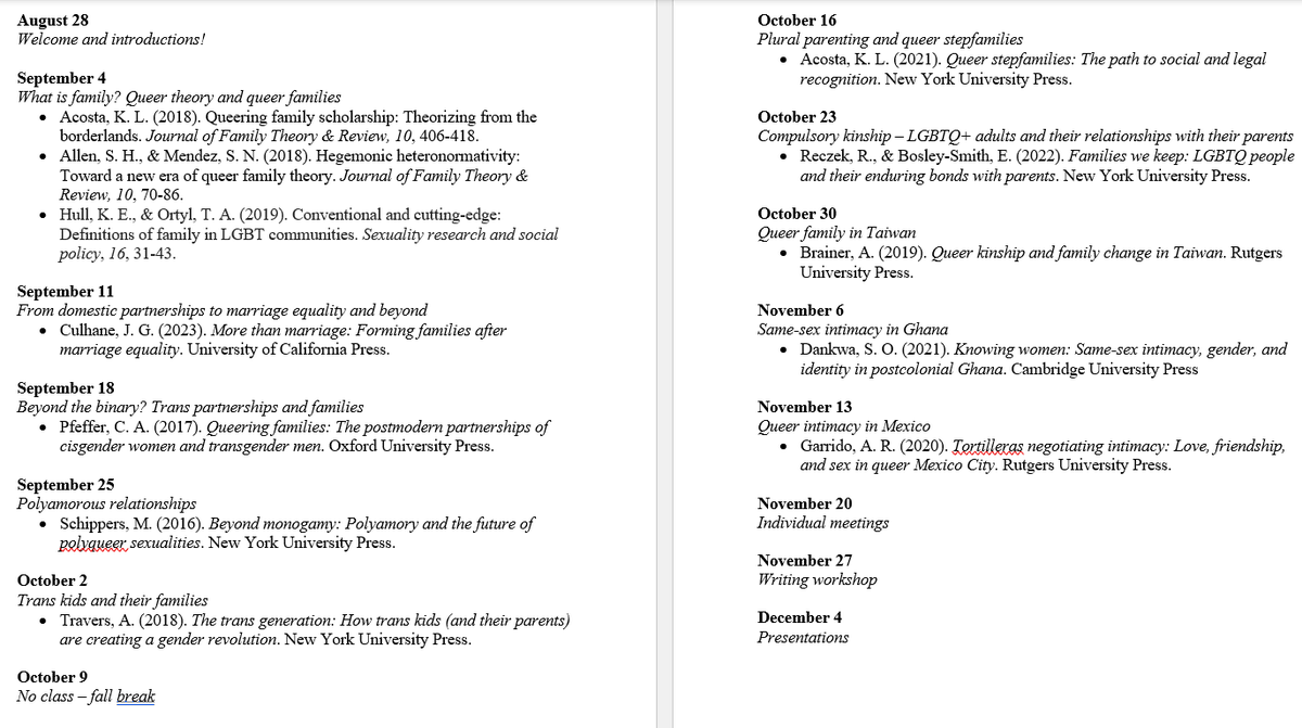 Here's the 15 week schedule for my #QueerFamilies seminar. Treating it like a book club (all books are free and online through @DavidsonLibrary) 🤓