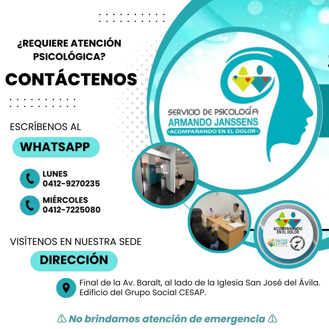 Somos un servicio de atención psicológica dirigida a la población de *niños +8, adolescentes y adultos*.

Costos: *Solidarios y asequibles*
Modo de atención: *PRESENCIAL o A DISTANCIA (Telefónica u Online)*
Horarios de atención: *8am a 4pm* de lunes a viernes.

#SaludMental