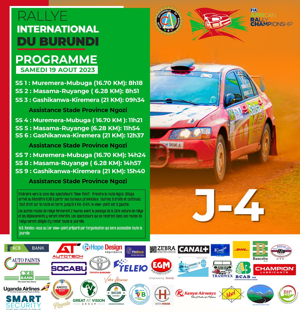 🚗💥💨💨 #odeuryarallye 🏁

📅J-4 avant le Rallye International du Burundi 🇧🇮
 
📝 Programme de la 2 ème journée de rallye . 

Samedi 19 Août 2023