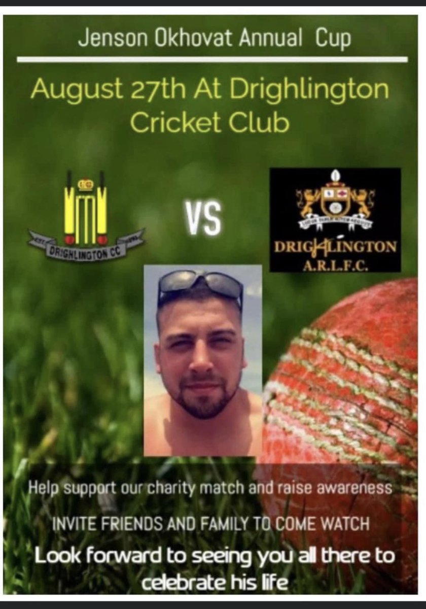 Sunday 27th August will see Drighlington Cricket Club play DrigRugby in memory of their good friend Jenson Okhovat. Two teams come together to play in a charity game that is in aid of raising money and  to help build awareness for men’s mental health.

Please spread the word.