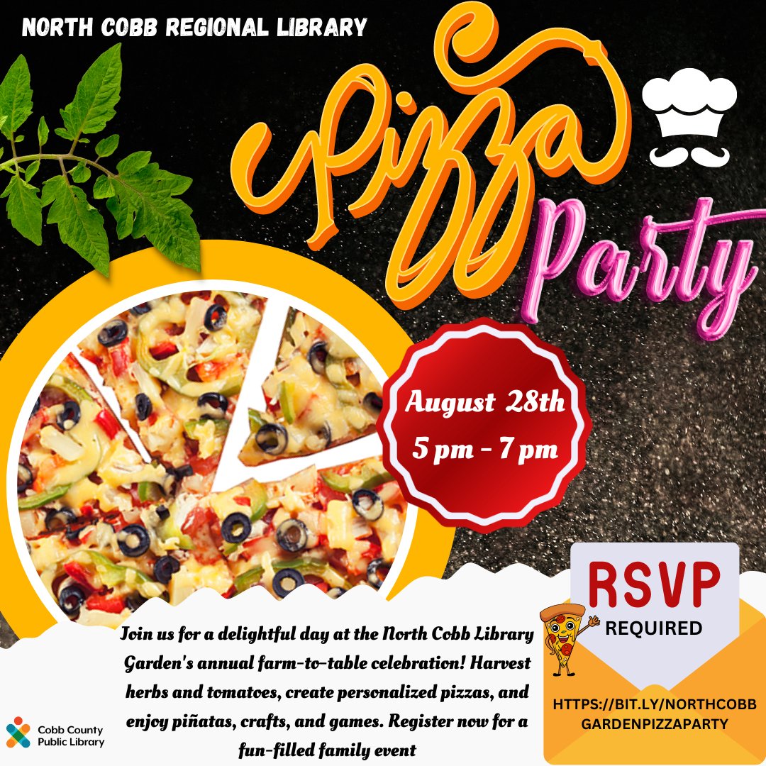 cobblibrary's tweet photo. Join us for a delightful day at North Cobb Library Garden's annual farm-to-table celebration! Harvest herbs & tomatoes, create personalized pizzas, & enjoy piñatas, crafts, and games. Register now for a fun-filled family event!
.
#NorthCobbLibrary | Mon, August 28 | 5 pm - 7 pm https://t.co/4cMcKviCRp