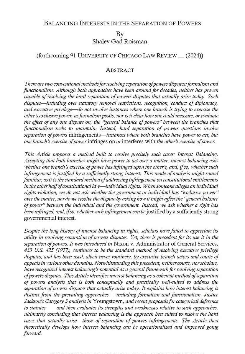 I am thrilled that my latest article, 'Balancing Interests in the Separation of Powers,' will be forthcoming in @UChiLRev. It's not yet ready for SSRN, but abstract below for those interested. Really looking forward to working with the editors to improve the piece.