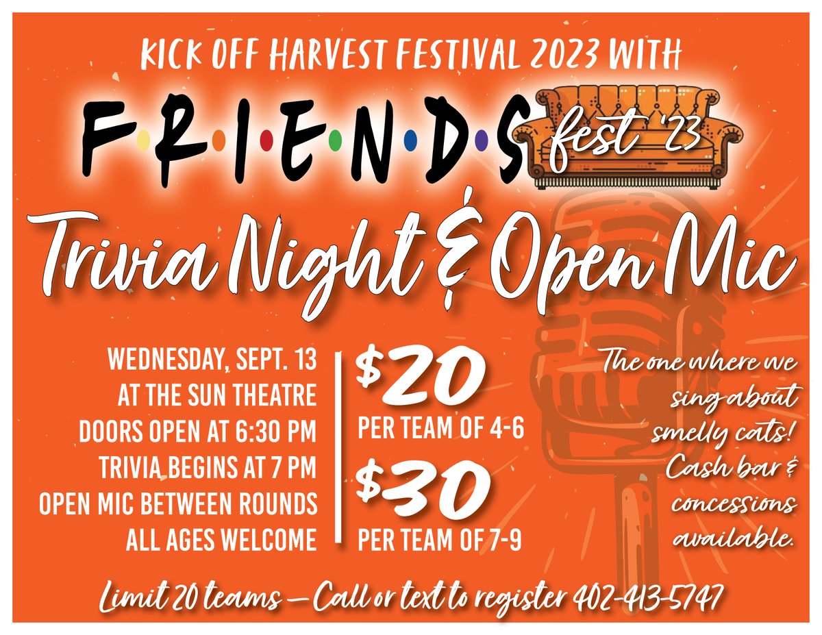 We're kicking off Harvest Festival 2023 with something new! FRIENDS Trivia &amp; Open Mic will begin at 7 pm on Wednesday, Sept. 13. Test your knowledge of the FRIENDS series and between trivia rounds, the mic will be open to anyone wanting to offer their best Phoebe impression.