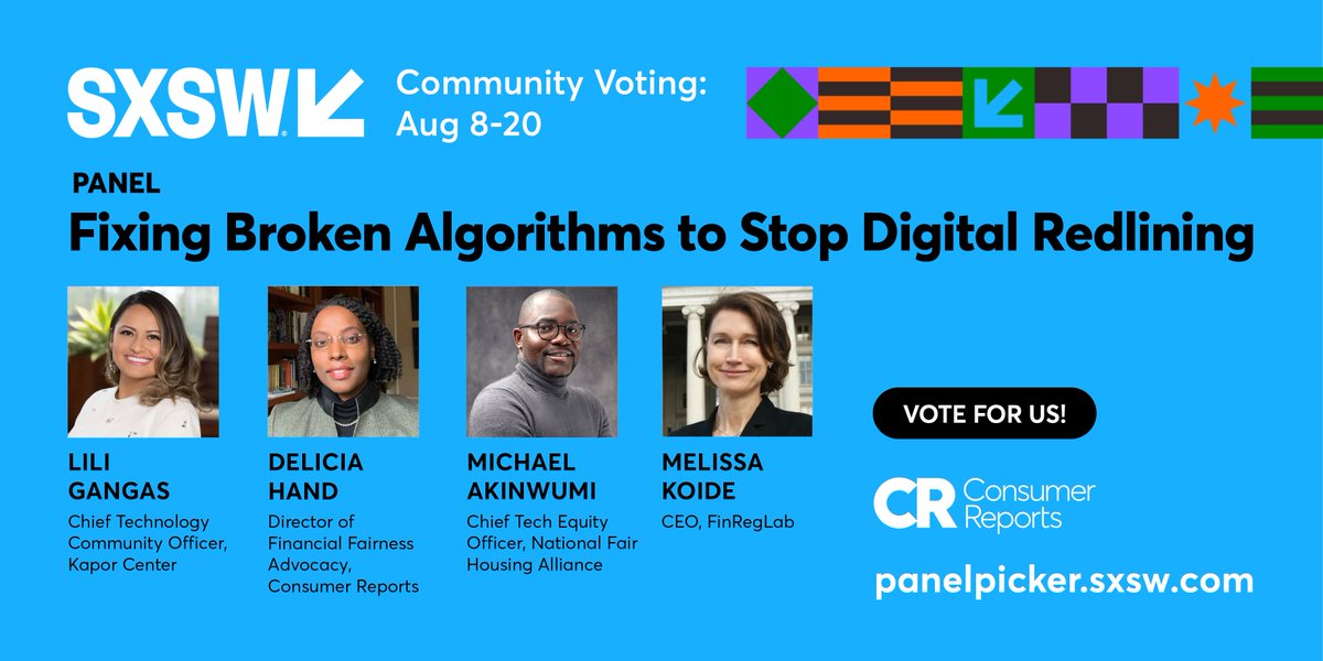 CRAdvocacy's tweet image. #AI has the power to reverse historical injustices &amp;amp; make mortgages more equitable, but only w/ the right guardrails.

Vote for our #SXSW panel w/ @natfairhouse @angelofmath, @KaporCenter @LilsG31, CR's Delicia Hand, &amp;amp; @FinRegLab's @MelissaKoide. #PanelPicker panelpicker.sxsw.com/vote/139150