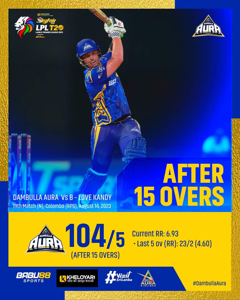 dambullalpl's tweet photo. As 15 overs end, Dambulla Aura 104/4.

#DambullaAura https://t.co/DwoalndCmb