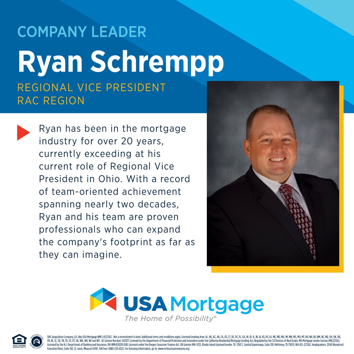 USAMortgageHQ's tweet photo. Ryan, a leader of #RACRegion, is one of the most experienced #MortgageProfessionals you'll meet. He and his team have an incredible track record of providing a top notch #HomeBuyingExperience for their borrowers 👏

#USAMortgage #HomeOfPossibility #LocalLenders #CompanyLeader https://t.co/KFS97B49ko