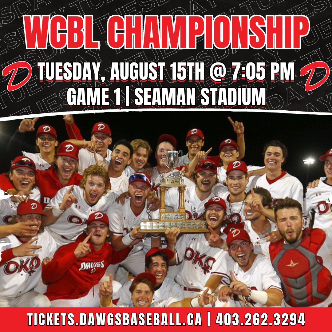 Okotoks_Dawgs's tweet photo. Game 1 of the WCBL Championship starts tomorrow, August 15th, at 7:05 pm, as the Dawgs will take on the Medicine Hat Mavericks in their #QUESTFOR7.

Purchase your tickets at https://t.co/0fFYZv145U or book a patio table by calling 403-262-3294.

GO DAWGS!

#dawgs #WCBL #Playoffs https://t.co/ue2sfS4h2f