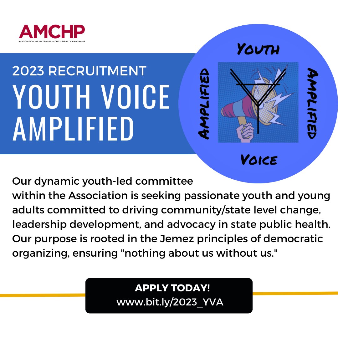 DC_AMCHP's tweet photo. Youth Voice Amplified (YVA) is recruiting for its next cohort! This is a dynamic, youth- led AMCHP committee committed to driving community/state-level change, leadership development, and advocacy in state public health. Learn more and apply by August 31! https://t.co/COwKMgoSUN https://t.co/A6MK1G8j3F