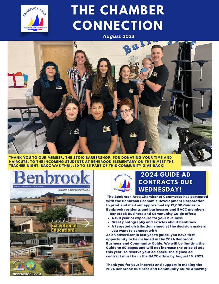 GoBenbrookBACC's tweet photo. Happy Monday BACC Members!
I hope this weekly check-in finds everyone well! Our August Membership Luncheon is this Thursday, so please register by 4 p.m. tomorrow here: https://t.co/rci2fVjnsk
Please see attached for this week's Chamber Connection, and have a great week! https://t.co/KQFcJA57P9