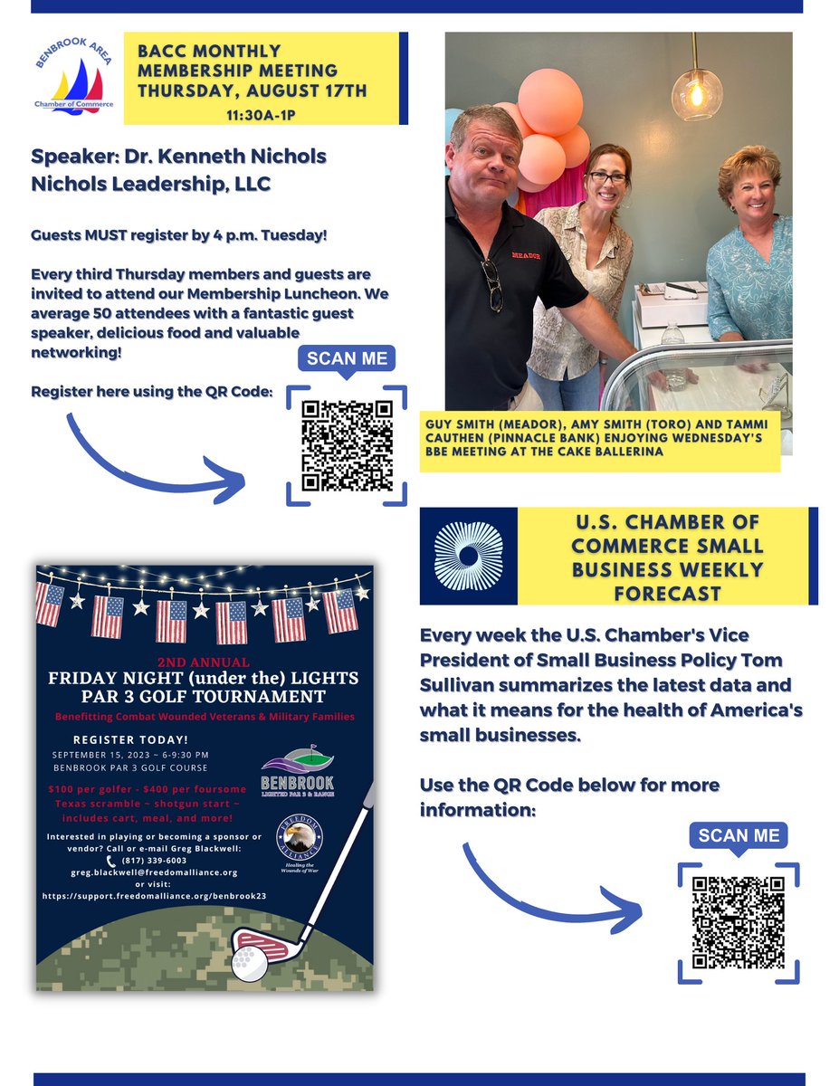GoBenbrookBACC's tweet photo. Happy Monday BACC Members!
I hope this weekly check-in finds everyone well! Our August Membership Luncheon is this Thursday, so please register by 4 p.m. tomorrow here: https://t.co/rci2fVjnsk
Please see attached for this week's Chamber Connection, and have a great week! https://t.co/KQFcJA57P9