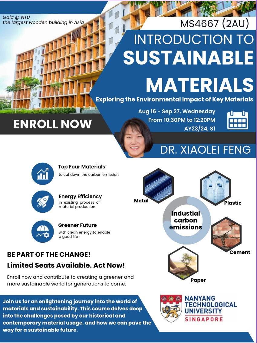 fengxiaolei91's tweet photo. Absolutely thrilled to launch a brand new course @NTUsg! Huge thank you to all students from @ntu_mse who have enrolled-all slots gone in record time. We delve deeper into how to build a #SustainableFuture here at #Singapore. #MS4667 #Sustainability #educacion #university https://t.co/E7zny2mJu7