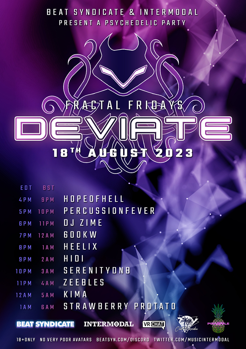 Hey everyone! It's Deviate Friday this weekend and our monthly collab with @DJTOTC! 🥳Come hang with us and get your trance fix.