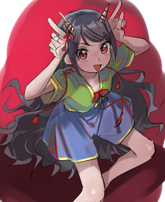 1girl solo long hair horns red eyes black hair looking at viewer  illustration images