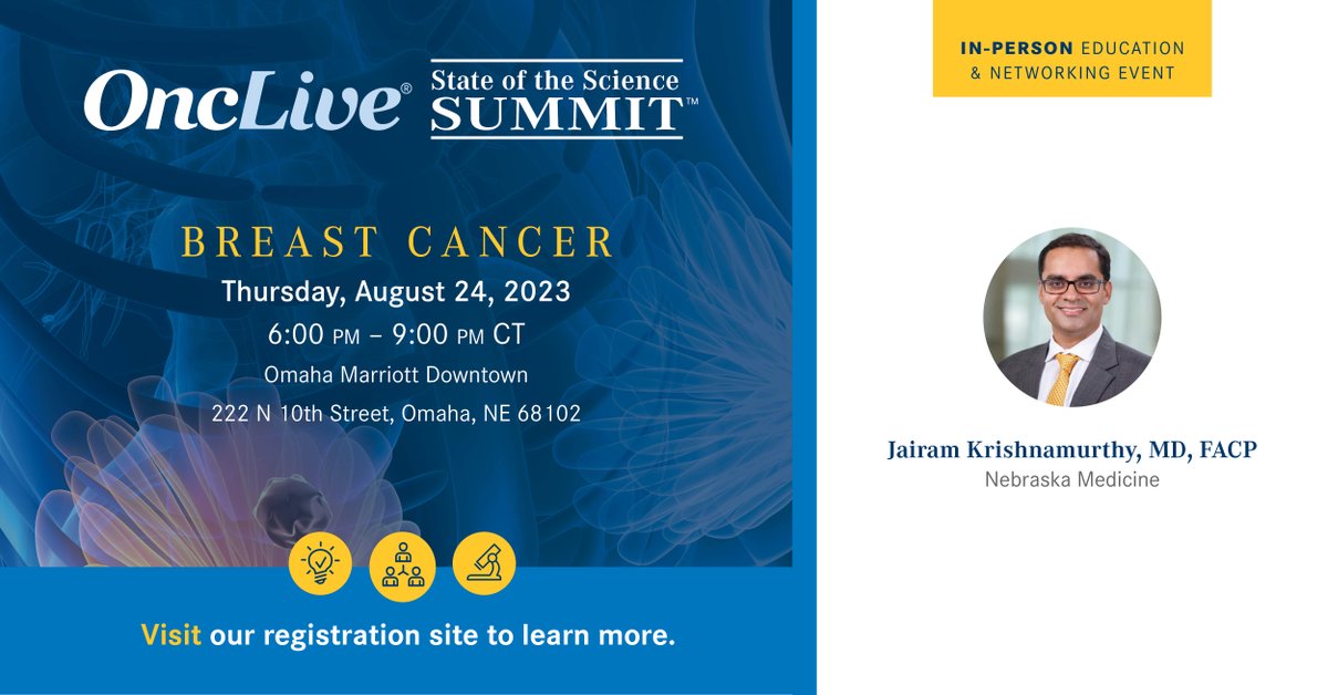 OncLive's tweet image. Registration is open! Join @DrJairamK of @unmc as he chairs an OncLive SOSS Breast Cancer in-person education and networking event on 8/24 at 6:00 PM! #SOSS

Register Today: ow.ly/TTWR50PsW26