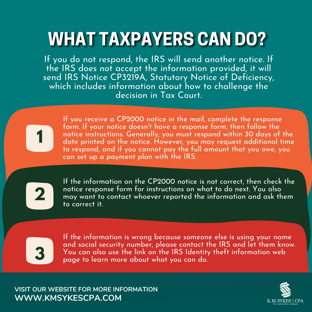 KMSYKESCPAPC's tweet photo. An IRS CP2000 notice is mailed to a taxpayer when income reported from third-party sources such as an employer, bank, or mortgage company doesn't match the income reported on the tax return.
Know more see our posts.

https://t.co/UEtWlJuY79

#MondayMotivation #Mondayvibes https://t.co/R3q0BOFO9S