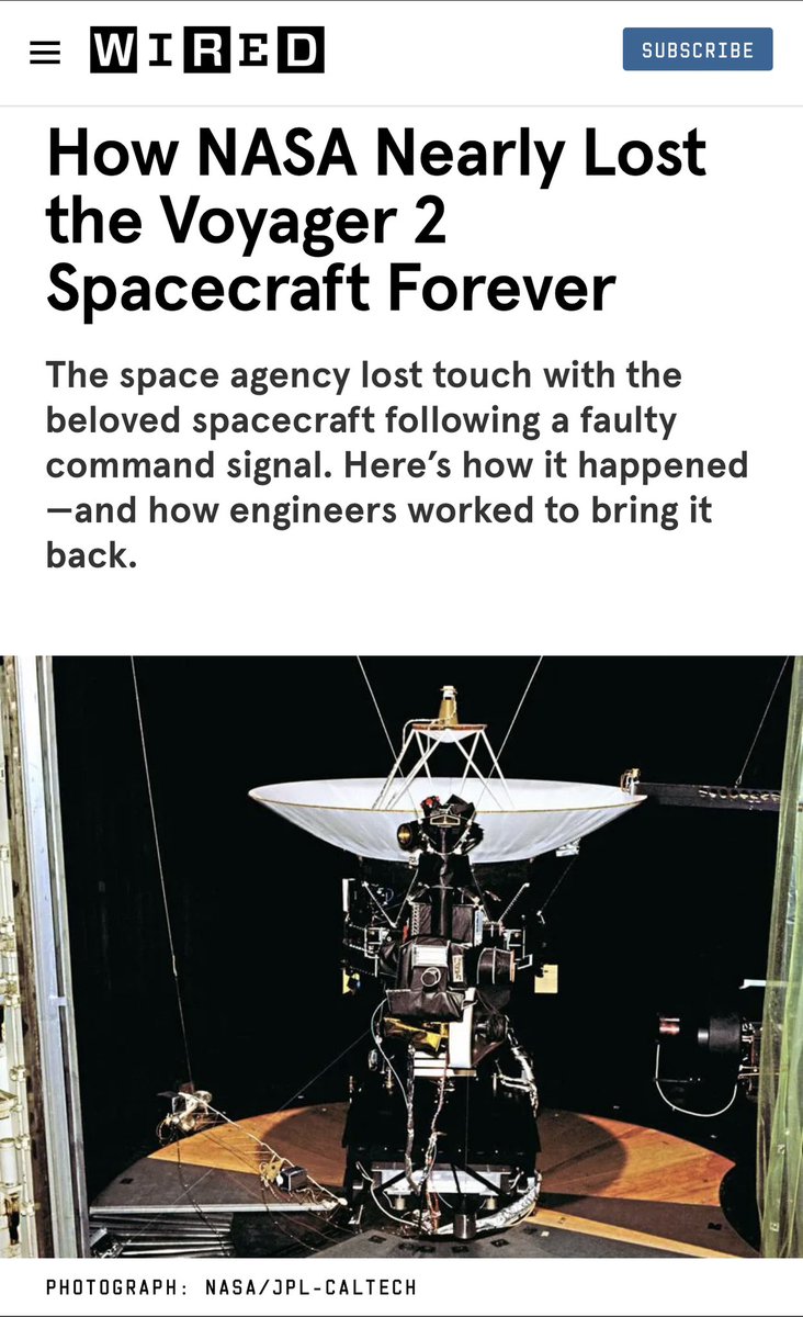 Fascinating read. Voyager-2 almost lost contact.

Then NASA basically sent an over-the-air software patch to a 45-year-old OS in production mode, 12.4 billion miles away, running low on thermonuclear battery.

After lots of prayers, “we are so back”. This is some next-level