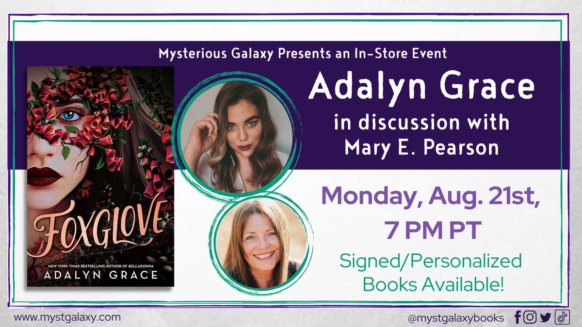 On Monday, August 21, 2023 at 7 pm PT, we're hosting an in-store event with @AdalynGrace_ in conversation with @marypearson for FOXGLOVE! Signed & personalized books available! @TheNovl For more information & to register -> buff.ly/3r0Ha1X