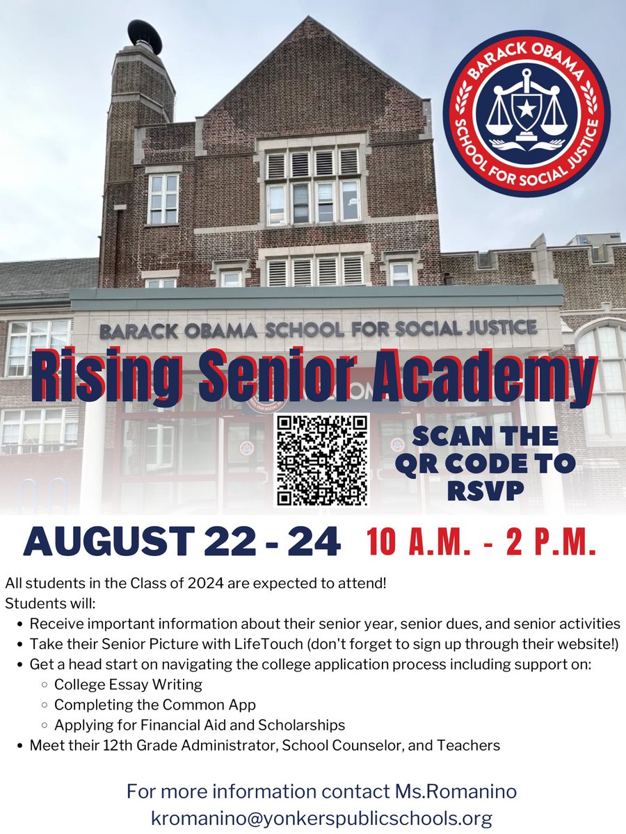 BarackObamaYPS's tweet photo. We're looking forward to hosting the Class of 2024 at next week's 3-day Rising Senior Academy August 22-24 from 10 am-2 pm! Please RSVP here: https://t.co/Uc0WK5UNGG @YonkersSchools https://t.co/3kKRFrPe25