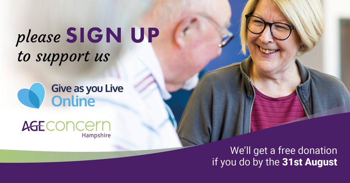 Sign up &amp; Support Us...

Sign up to Give as you Live Online and select us as your chosen charity by 31st August and we'll receive a free donation from <a href="/giveasyoulive/">Give as you Live 💙❤️💚</a> ! > 

giveasyoulive.com/join/ageconcer… 

#AgeConcernHampshire #SupportUs #GiveAsYouLive