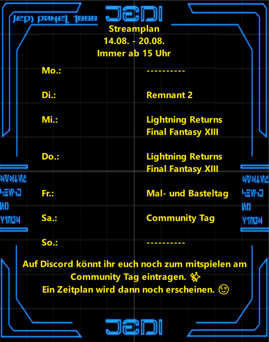 Eine neue Woche, ein neuer Streamplan 🥳 twitch.tv/lordcroppe

#TwitchDE #nerd #StarWars #GermanMediaRT #gamer #Psyche #depression #Pride #LGBTQIA
<a href="/starwars/">Star Wars</a> <a href="/Remnant_Game_DE/">Remnant 2 - Deutsch</a> <a href="/Remnant_Game_EU/">Remnant 2 - Europe</a> #Remnant2 <a href="/GearboxOfficial/">GearboxOfficial</a> <a href="/gunfire_games/">Gunfire Games</a> <a href="/FFGames/">FantasyFlightGames</a> #starwarslegion #Klonarmee #501st