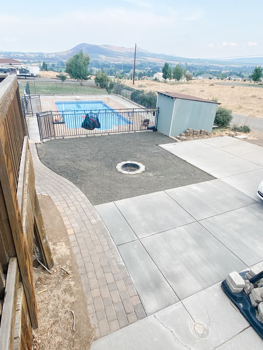Happy Customer!
-new concrete pool deck
-in ground fire pit with gravel chip lounge area
-new concrete driveway addition
-paver pathway rehabilitation

Give us a call if you’d like some help navigating a project or would like to jump on the schedule. Thank you TriCities
