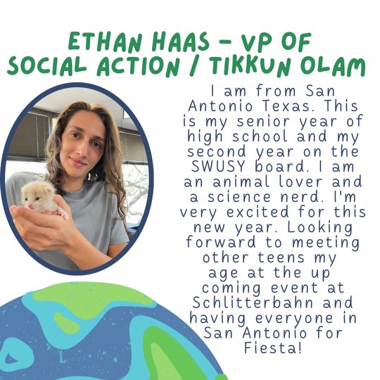 SWUSY's tweet photo. Meet Ethan Haas our new VP of Social Action and Tikkun Olam! He wants to see everyone take care of Gods greatest gift, The Earth https://t.co/gjxYPcIlRV