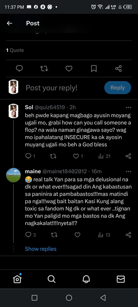 quiz64519's tweet photo. Yan kayo pag di niyo na kaya idedelete nyo na. Anyway I'm just educating you lang nmn. your sensitive pala tas ganyan ugali mo. You started it so I ended it. 
@KissesDelavin 
#KissesDelavin https://t.co/uuJyxD3sQG