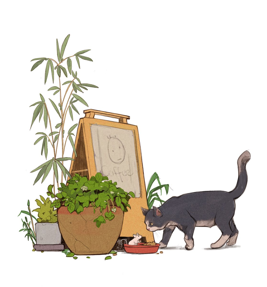 cat plant black cat bowl potted plant pet bowl white background  illustration images