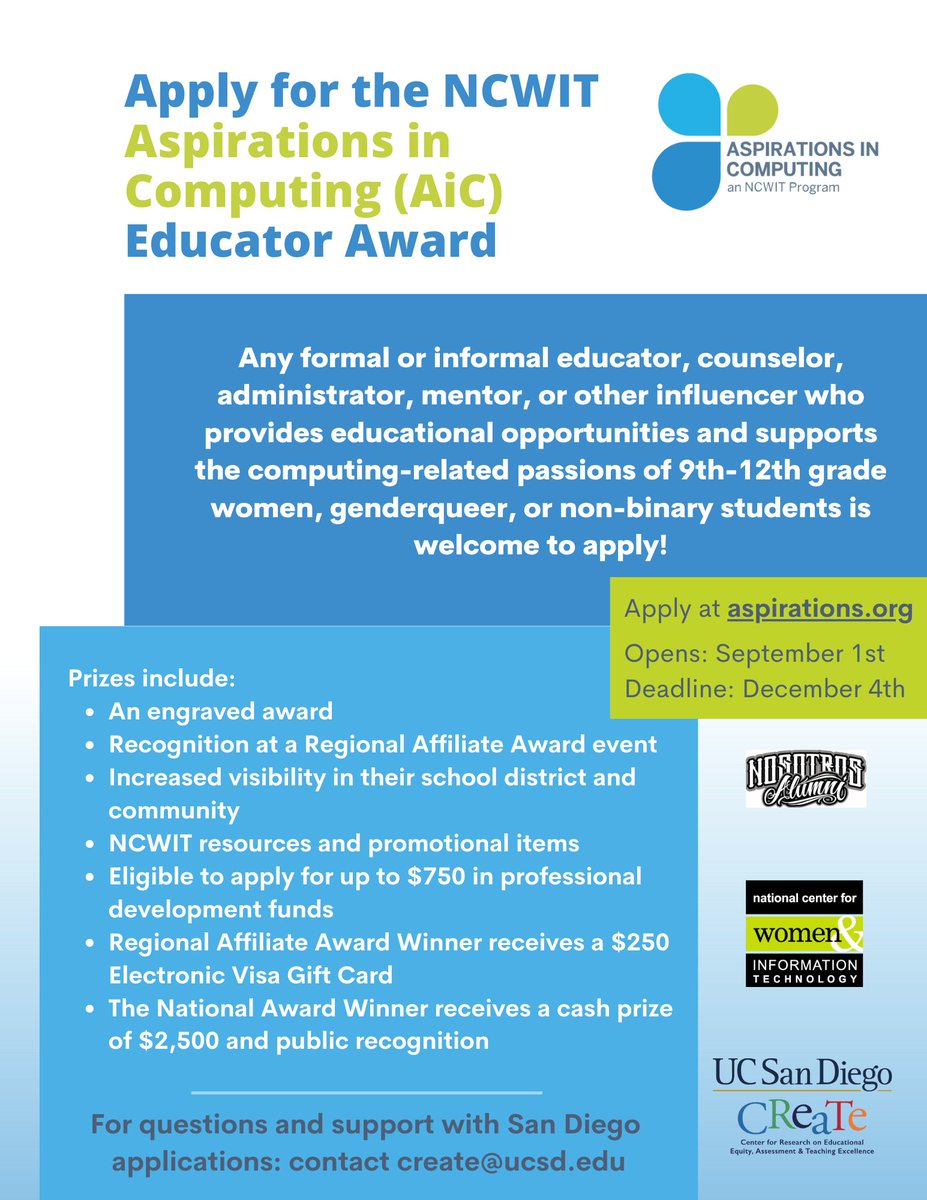 Last chance to apply for the NCWIT AiC Educator Award at aspirations.org before December 4th!