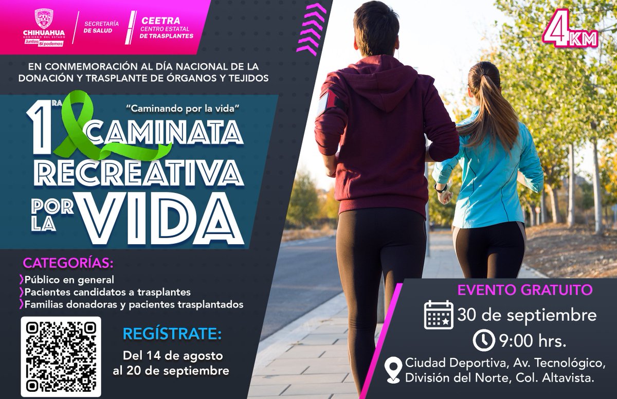 Te invitamos a participar en la 1era Caminata Recreativa por la vida, que se realizará el 30 de septiembre a las 9:00 am, para conmemorar el Día Nacional de la Donación y Trasplante de Órganos y Tejidos.
Puedes registrarte del 14 de agosto al 20 de septiembre.👈#JuntosSíPodemos