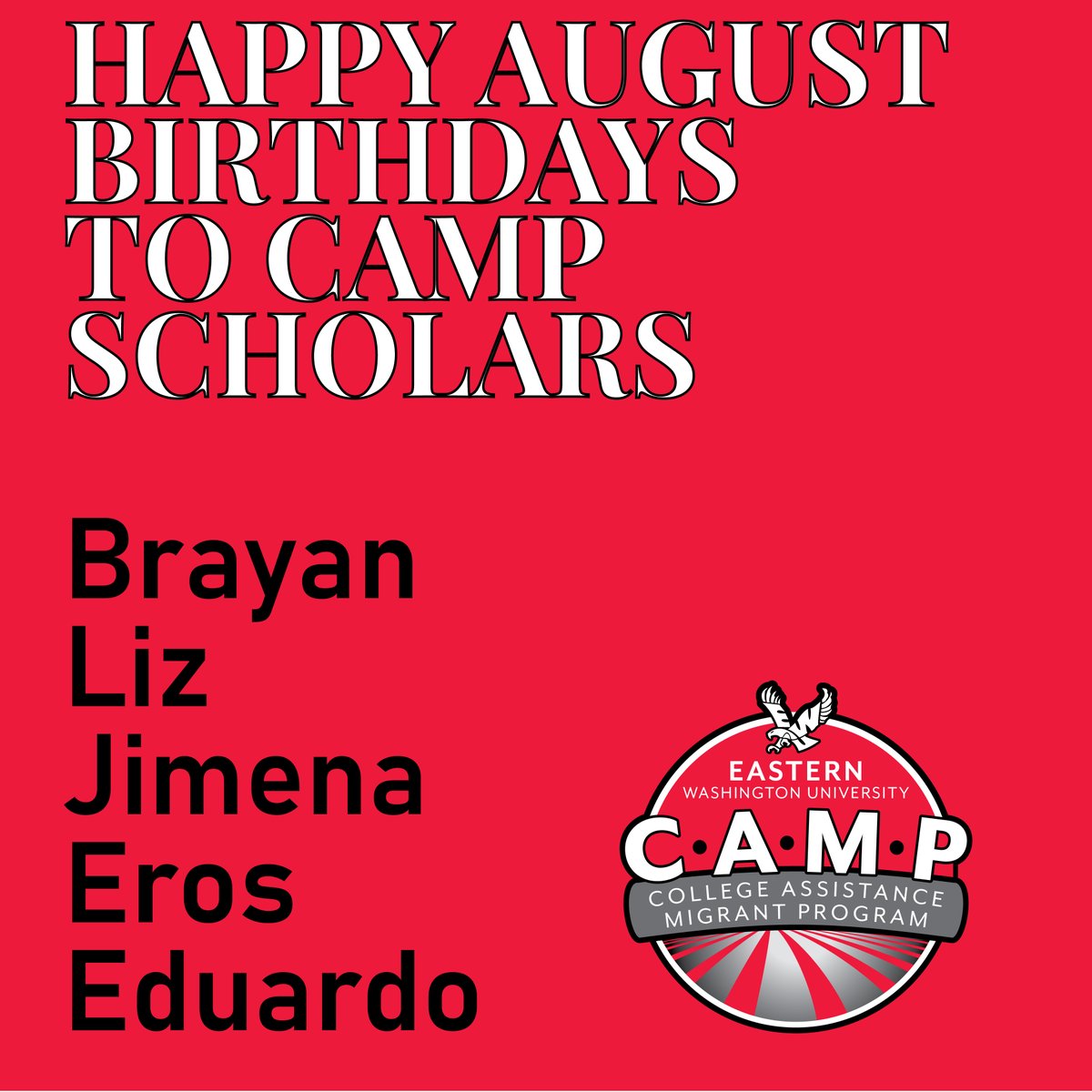 EwuCamp's tweet photo. Feliz agosto cumpleaños a nuestros #ewucamp scholars!
We hope it was a great day. See you in the fall! https://t.co/3Z1GEHcvZg