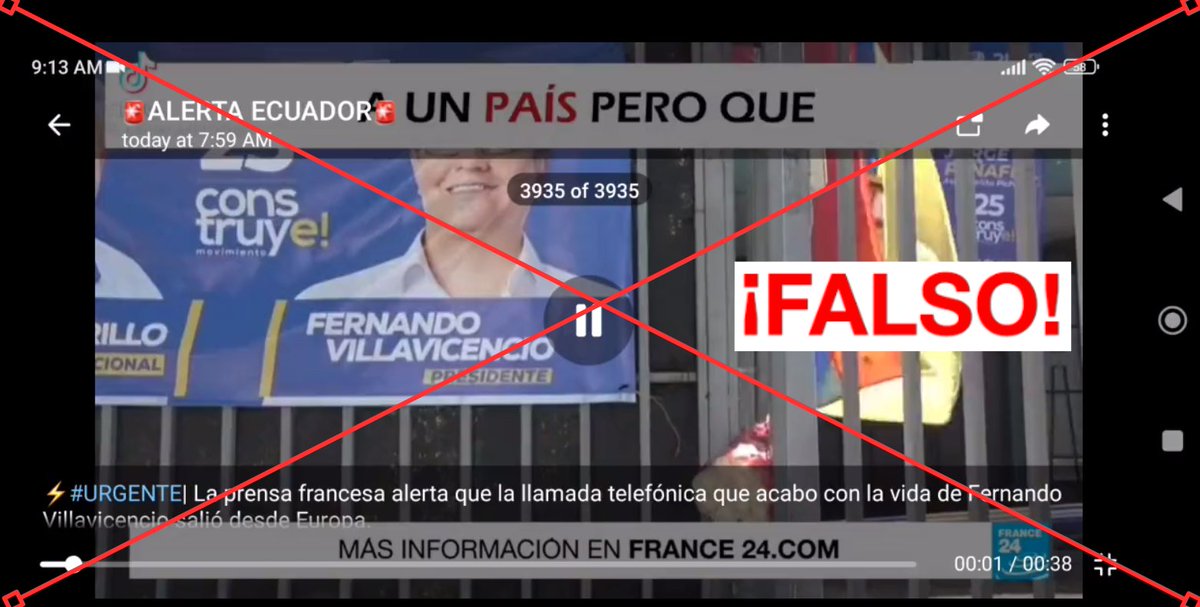 France24_es's tweet photo. ⚠️ El contenido de este video que circula en las redes sociales de #Ecuador, relacionado con el asesinato de Fernando Villavicencio, es FALSO y no ha sido creado por ninguna de las cadenas de France 24. 

Siga las últimas noticias del caso directamente aquí ➡️ https://t.co/o4dsIjYNfk