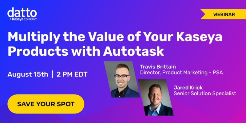 KaseyaCorp's tweet image. Don&apos;t miss out on tomorrow&apos;s session at 2 pm EDT! Discover the power of integrating @datto and Kaseya Security, Backup and Endpoint Management solutions with Autotask to enhance your service delivery. #autotask 
bit.ly/45rvHax