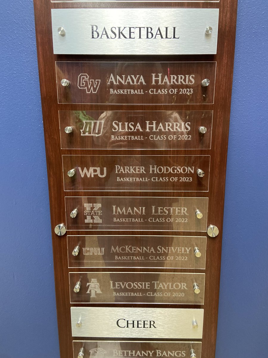 LhodgsonL's tweet photo. Excited for @Parkerhodgson22 to begin his next journey playing basketball at William Peace. Our school added this amazing wall listing all those playing collegiate sports and serving in the military. https://t.co/NZZ6QdzhAn