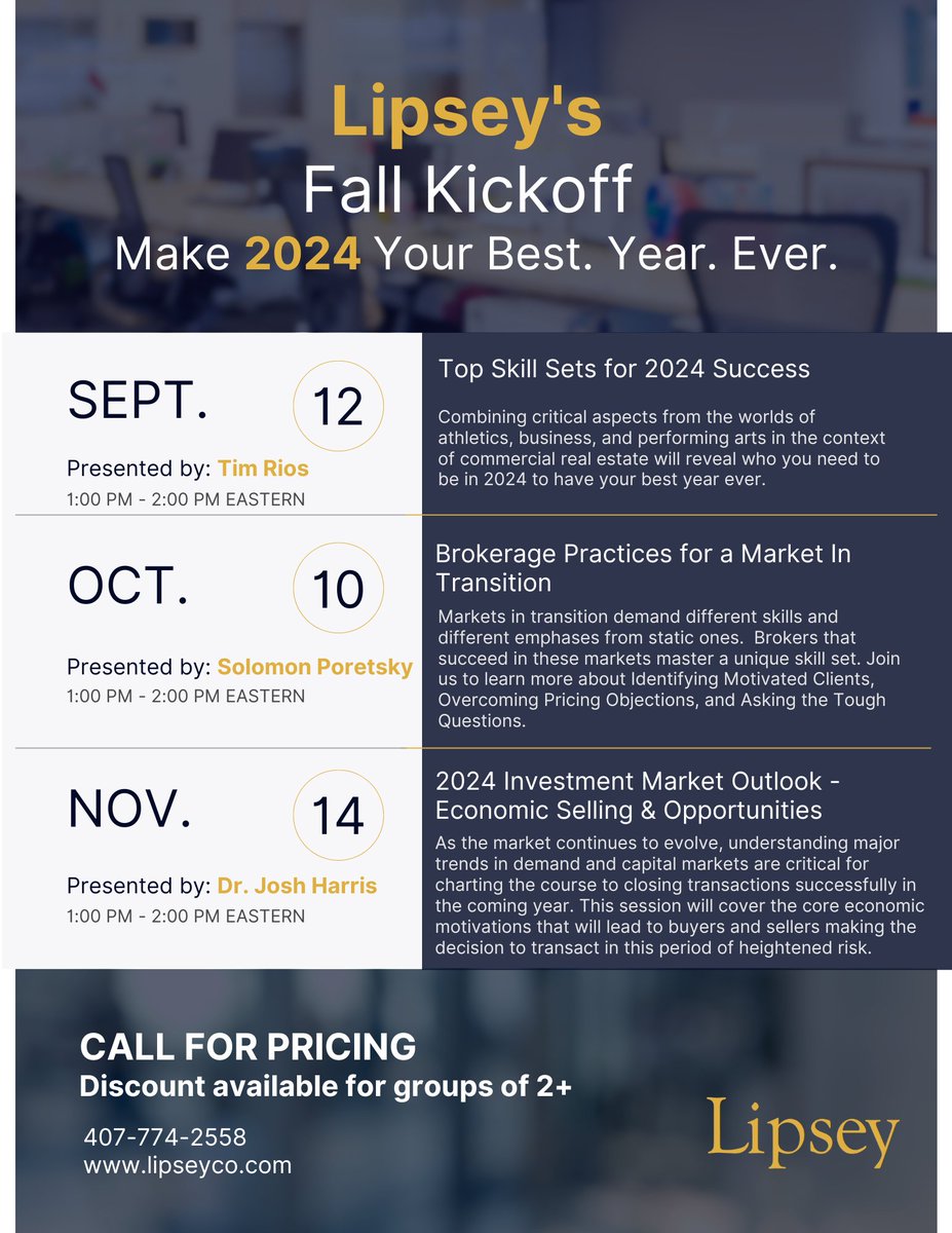 We can't wait to kick off the fall with our newest webinar series! Join us with Tim Rios, Solomon Poretsky, and Joshua Harris as they provide  insight and industry leading best practices enabling you to grow your pipeline and increase production. Call to register 407-774-2558