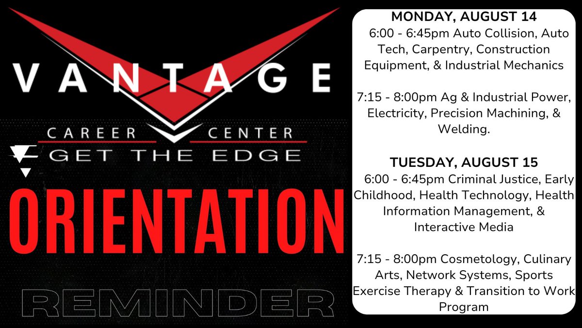 vccstudents's tweet photo. REMINDER - New Student Orientation for the following Programs is being held TONIGHT, Monday, Aug. 14:
6:00-6:45pm  Auto Collision, Auto Tech, Carpentry, Construction Equipment, &amp; Industrial Mechanics
7:15-8:00pm  Ag &amp; Industrial Power, Electricity, Precision Machining, &amp; Welding. https://t.co/CtWu7r9DLk