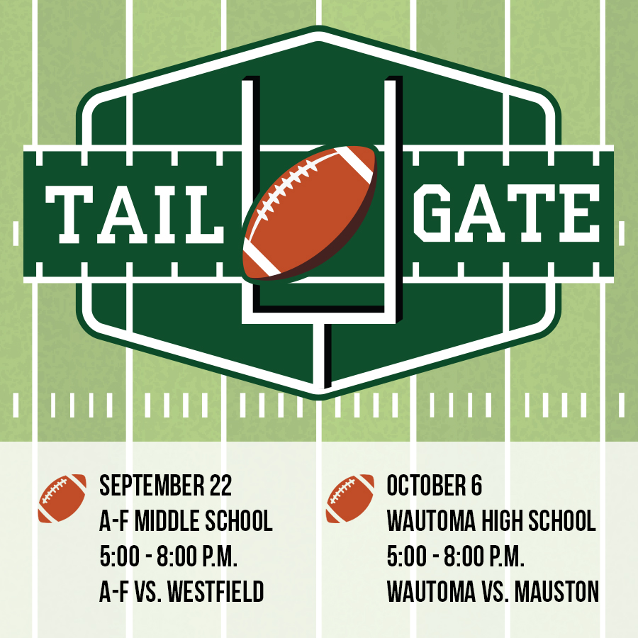 Mark your calendars 🏈

Join us September 22 and October 6 for our first-ever tailgate events at local high school football games in our service area! We'll have snacks and drinks, tailgate games, giveaways, and more.

Visit acecwi.com/events to learn more.