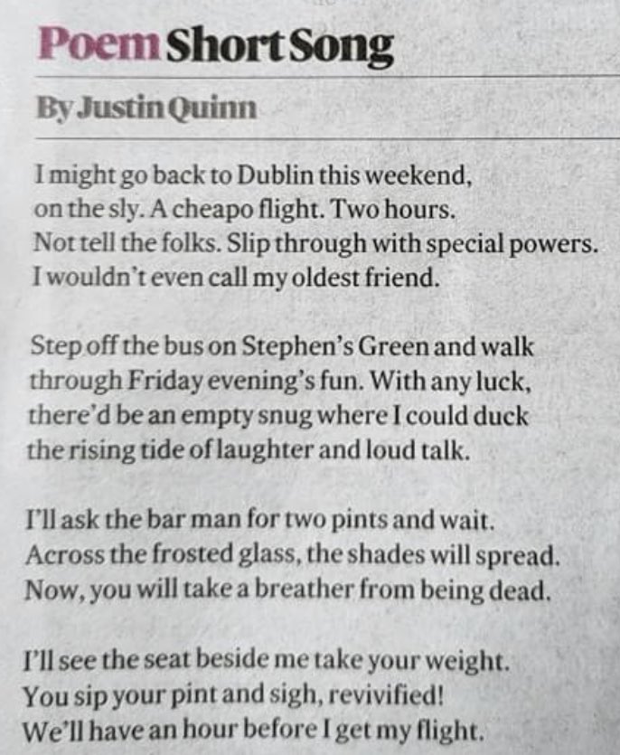 Poem from Irish times this weekend got me right in the feels. 

A quick pint with a lost friend. ❤️

If only.