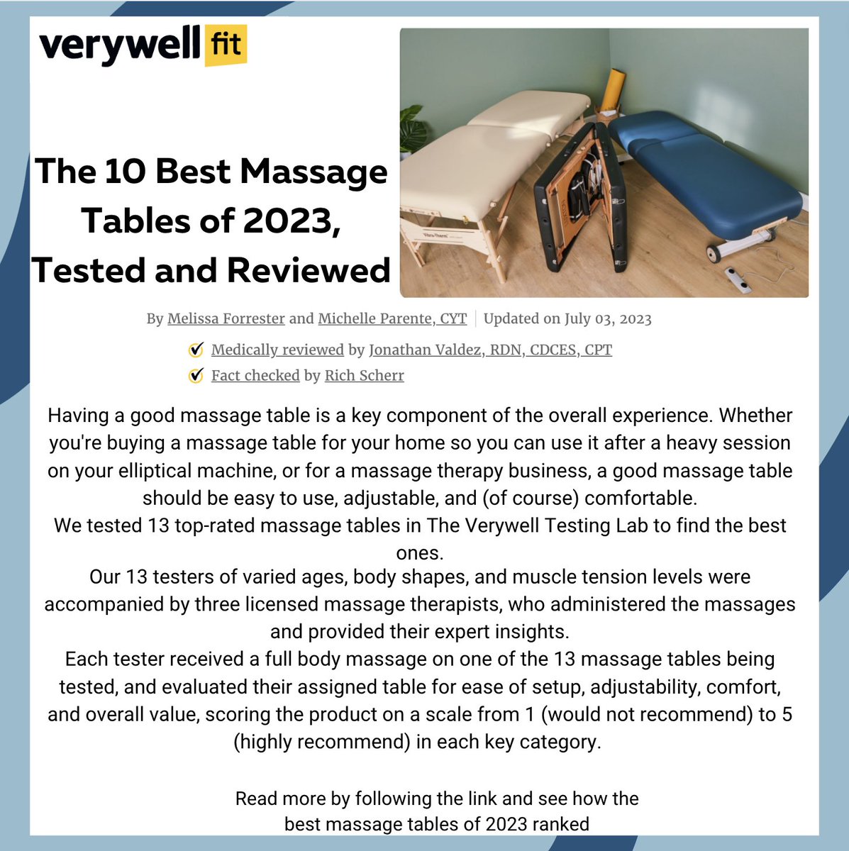 BodyMechanicsNY's tweet image. Check out this new blog blog from @VeryWellFit where the 10 Best Massage Tables are tested and reviewed, it features the owner of Body Mechanics,Beret Loncar.

Click the link to read more //bit.ly/3OaSa6e 

#massagetable #massagenyc #expertopinion #Bodymechanicsnyc #top10